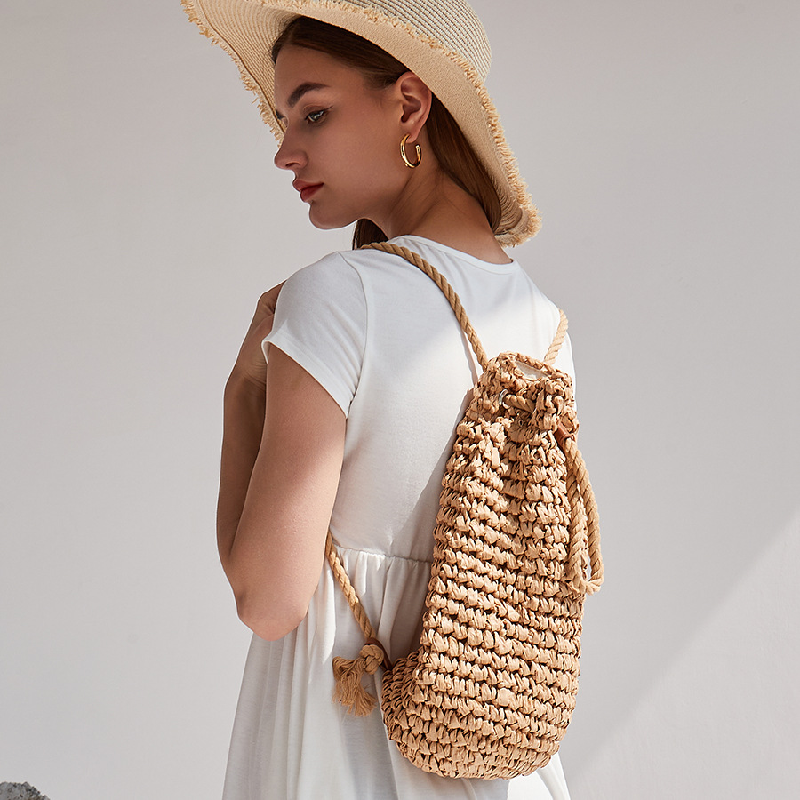 Beach Bag Straw - กระเป๋าสะพายไหล่ชายหาดแบบเชือกผูกทำมือ กระเป๋าถือท่องเที่ยวสานจากหวายราฟเฟีย กระเป๋าเป้สะพายหลังสไตล์บาหลีสำหรับผู้หญิง กระเป๋าเป้ฤดูร้อนทำจากฟาง