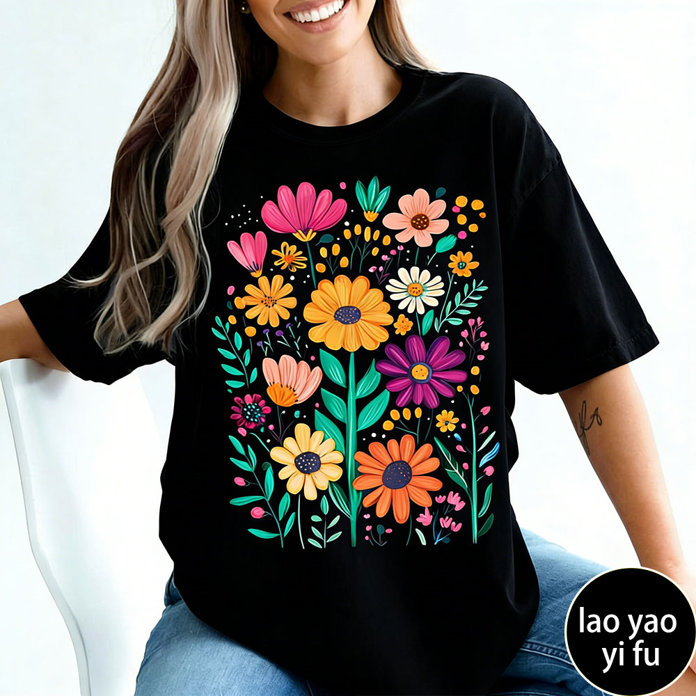 Summer Clothing Vibes - เสื้อยืดลายดอกไม้สไตล์โบฮีเมียนสำหรับผู้หญิง เสื้อยืดลายดอกไม้ฤดูใบไม้ผลิสไตล์เรโทร เสื้อยืดลายดอกไม้ป่า เสื้อยืดลายกราฟิกดอกไม้ เสื้อผ้าผู้หญิงสไตล์สวยงาม