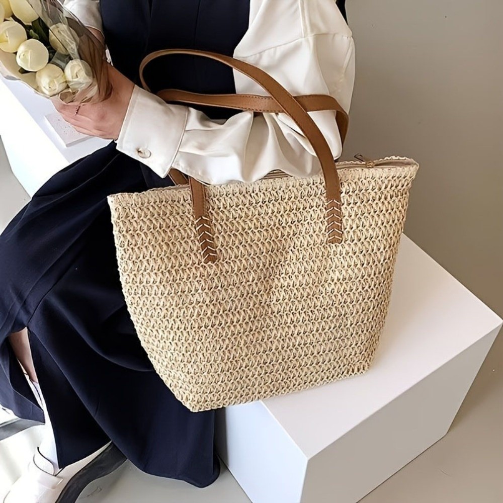 Beach Bag Straw - กระเป๋าถือสานสีพื้นแฟชั่น กระเป๋าสะพายไหล่ทรงสี่เหลี่ยมมีซิป กระเป๋าชายหาดขนาดใหญ่ กระเป๋าถือสานราฟเฟียสำหรับฤดูใบไม้ผลิ