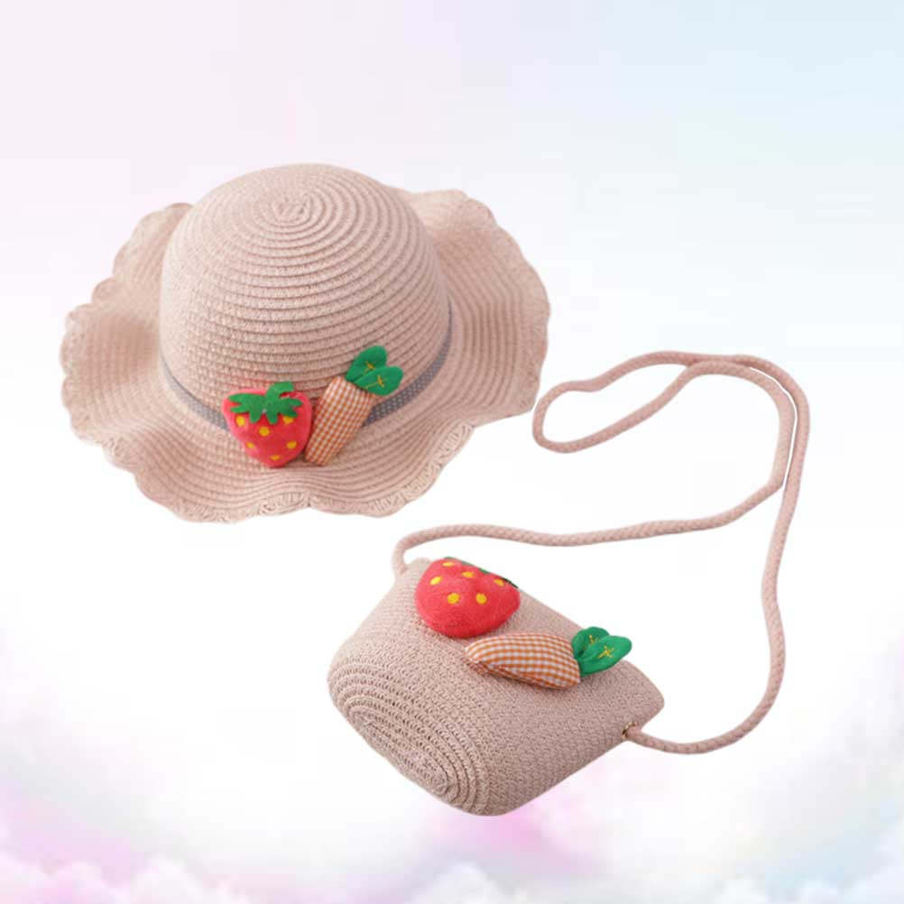 Beach Bag Straw - ชุดหมวกปีกกว้างกันแดดสำหรับเด็ก สีชมพู ขนาด 54 ซม. พร้อมกระเป๋าสะพายข้าง