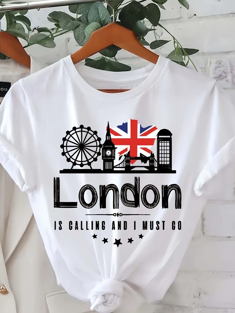 Summer Clothing London - เสื้อยืดผู้หญิงลายตัวอักษรลอนดอน แฟชั่นแขนสั้น คอกลม เสื้อท็อปสบายๆ สไตล์ฮาราจูกุ เสื้อผ้าผู้หญิงสำหรับฤดูร้อน