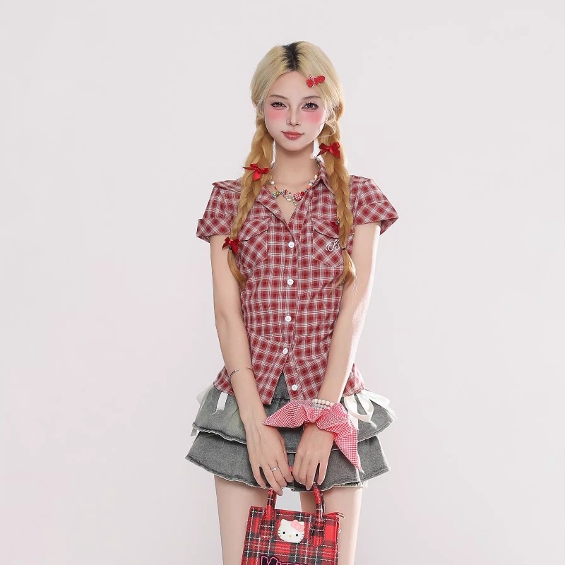 Summer Goth Clothing - เสื้อเชิ้ตลายสก็อตสไตล์ฮาราจูกุ วินเทจ กอธิค สำหรับผู้หญิง สไตล์โลลิต้า สตรีทแวร์