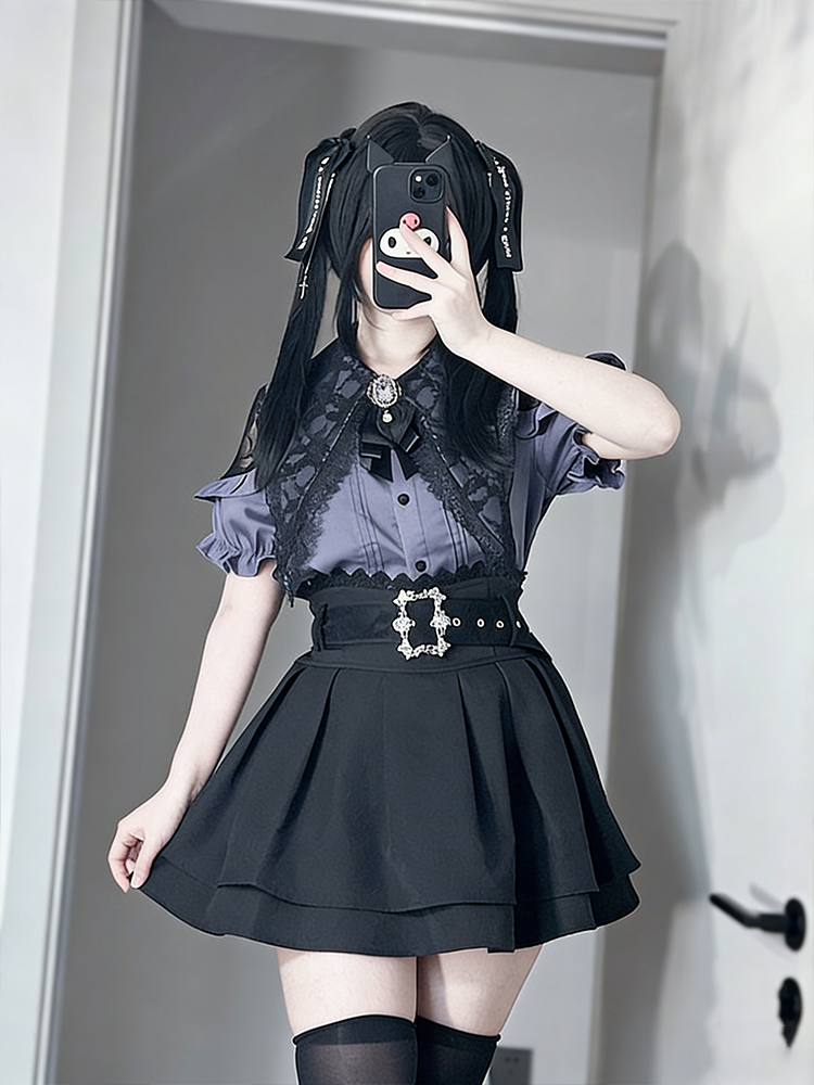 Summer Goth Clothing - เสื้อเปิดไหล่สไตล์โกธิคและกระโปรงเอวสูง ชุดสองชิ้นสำหรับผู้หญิง สไตล์นักศึกษาฤดูร้อน ขนาดกะทัดรัด