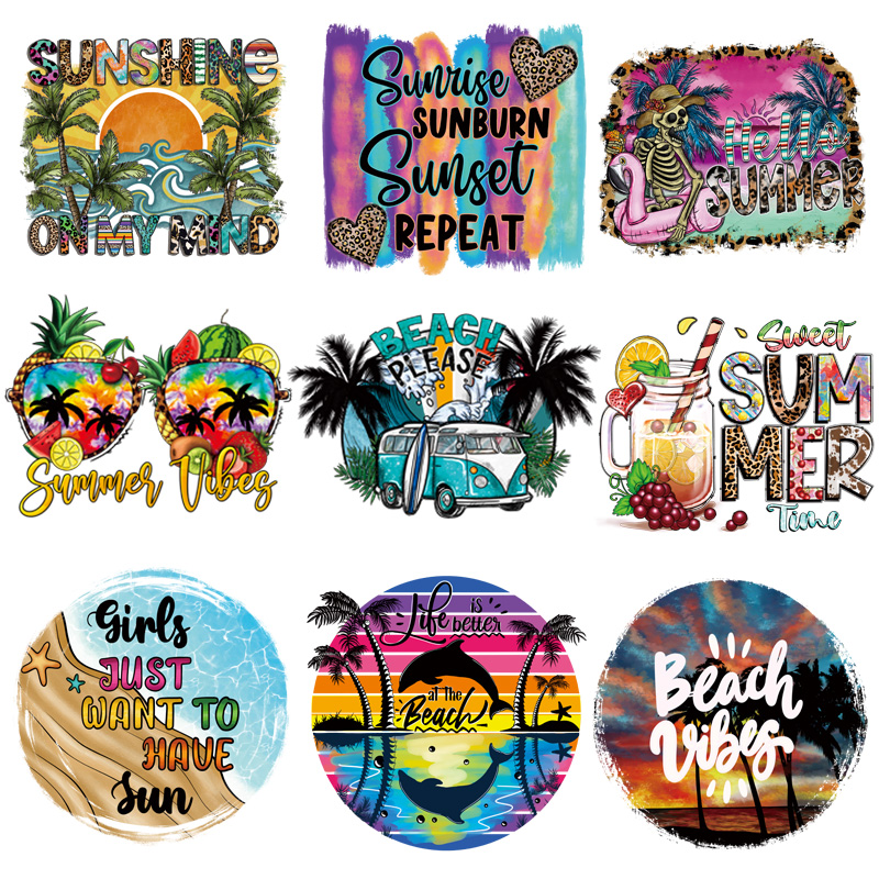 Summer Clothing Vibes - เสื้อยืดแบบรีดติดด้วยความร้อนสำหรับฤดูร้อนผ้าปะแบบมีกาวติดสำหรับเสื้อผ้าสติกเกอร์แสงแดดติดในฤดูร้อน