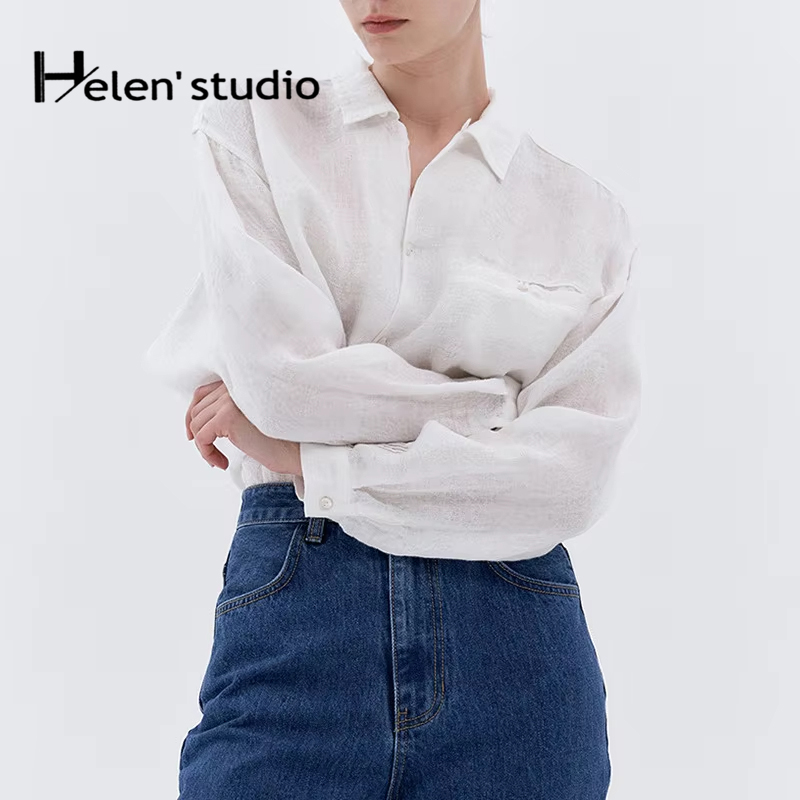 Summer Clothing Pinterest - เสื้อเชิ้ตผู้หญิงผ้าลินิน 100% เสื้อผู้หญิงสไตล์Pinterest เสื้อเชิ้ตปกคอปกสีขาวลำลอง เสื้อผ้าผู้หญิงคุณภาพสูง