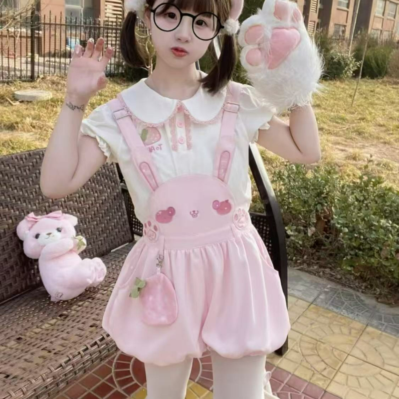 Summer Goth Clothing - ญี่ปุ่น Kawaii น่ารัก Lolita สไตล์กางเกงขาสั้นชุดผู้หญิงสตรอเบอร์รี่หวานเสื้อ Casual