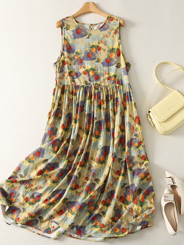 Summer Clothing Vibes - ชุดเดรสแม็กซี่พิมพ์ลายดอกไม้สไตล์ญี่ปุ่นเอวสูงสไตล์ศิลปะสำหรับวันหยุดขนาดใหญ่เสื้อผ้าผู้หญิง