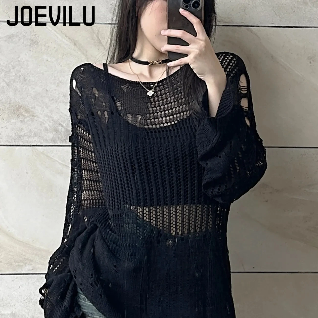 Summer Goth Clothing - JOEVILU Hollow ถักเสื้อฤดูร้อนหลวมแขนยาวบางเสื้อกันหนาวผู้หญิงเกาหลีเสื้อลําลองสีดํา Vintage Gothic เสื้อ