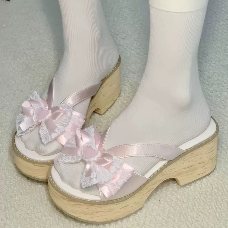 Summer Clothing Offers - รองเท้าแตะพื้นหนาลายไม้ Sweet Bow สไตล์ญี่ปุ่น สำหรับผู้หญิง ใส่สบาย