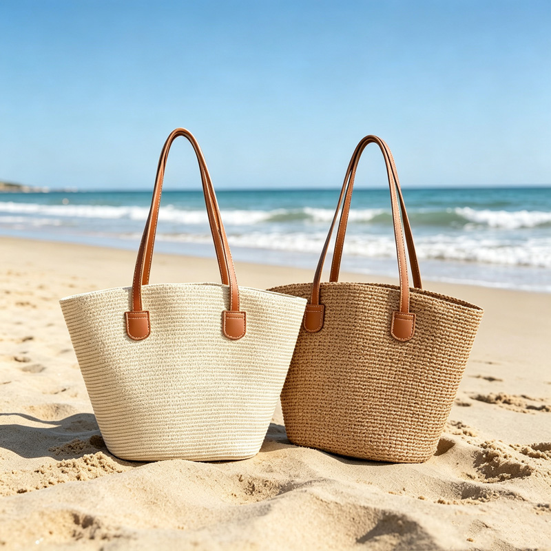 Beach Bag Straw - CLAREGQI กระเป๋าโท้ทสานสีพื้นสำหรับผู้หญิง, กระเป๋าสะพายชายหาดสานความจุขนาดใหญ่พร้อมหูจับหนัง PU, กระเป๋าสะพายลำลองสำหรับฤดูร้อน