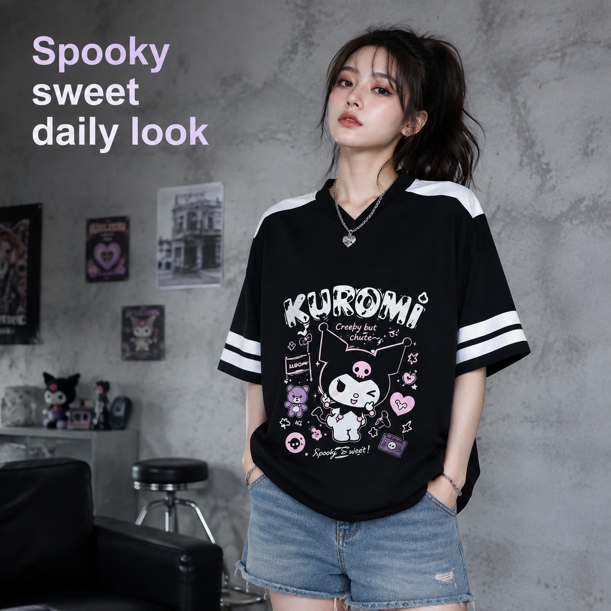 Summer Goth Clothing - เสื้อยืดคอกว้างลายคุโรมิสีขาวดำ แขนลายทาง พิมพ์ลายการ์ตูนด้านหน้าและด้านหลัง สไตล์กอธิค คาวาอี้ ฮาราจูกุ