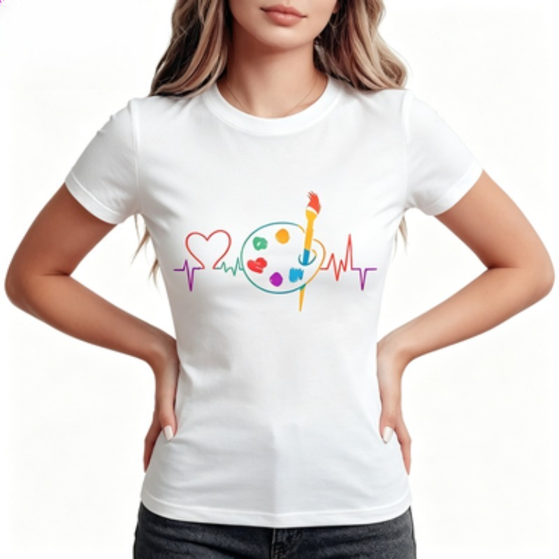 Summer Clothing Color Palette - เสื้อยืดคอกลมลายพิมพ์สีสันสดใสลายหัวใจสำหรับผู้หญิง สไตล์ลำลอง ใส่สบาย เหมาะสำหรับฤดูร้อน
