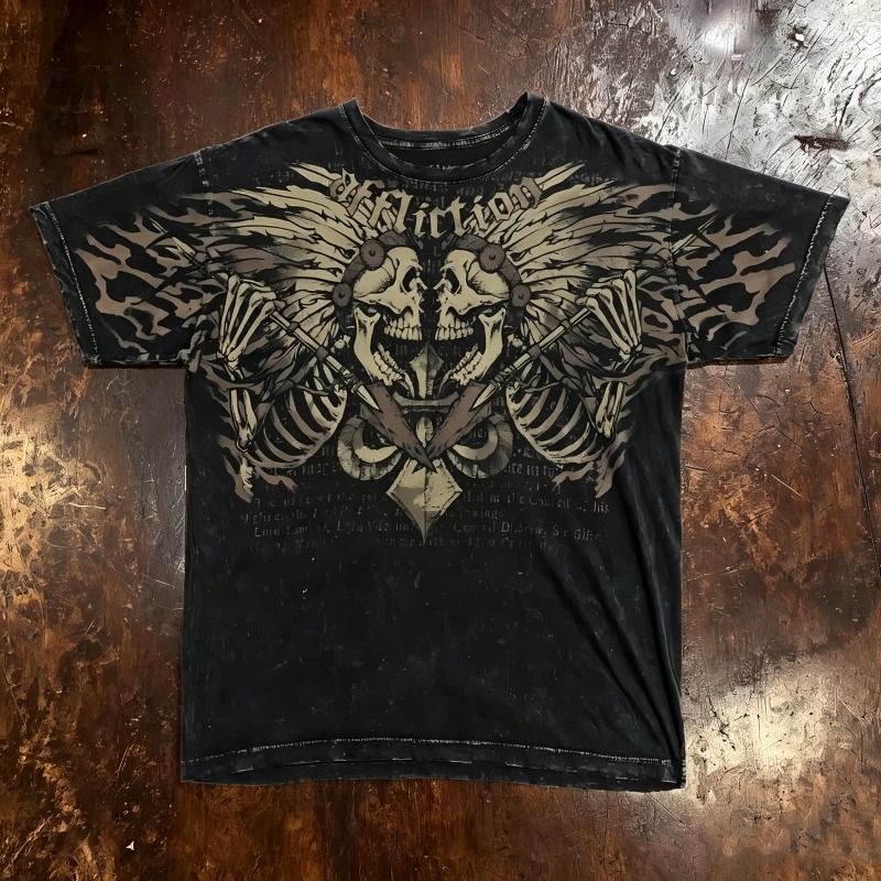 Summer Goth Clothing - เสื้อยืดคอกลมพิมพ์ลายหัวกะโหลกสไตล์โกธิคสำหรับผู้ชายยุโรปและอเมริกา รุ่นใหม่สำหรับฤดูร้อน สวมใส่สบาย ระบายอากาศได้ดี เหมาะสำหรับกิจกรรมกลางแจ้งและสตรีทแฟชั่น