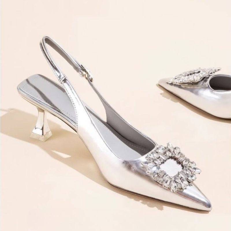 Summer Clothing Offers - ฤดูร้อนผู้หญิงรองเท้าแตะรองเท้าผู้หญิงใหม่ Pointed Toe Shallow Nude สีชมพูเพชรรองเท้าส้นกลับ