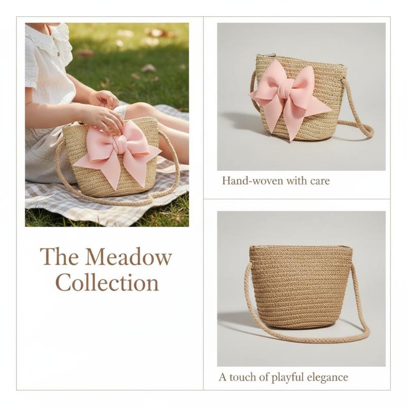 Beach Bag Straw - กระเป๋าสะพายไหล่สานสำหรับเด็กผู้หญิง ตกแต่งโบว์น่ารัก ทำด้วยมือ กระเป๋าสะพายข้างขนาดเล็กสำหรับเด็ก สำหรับไปเที่ยวชายหาด งานปาร์ตี้