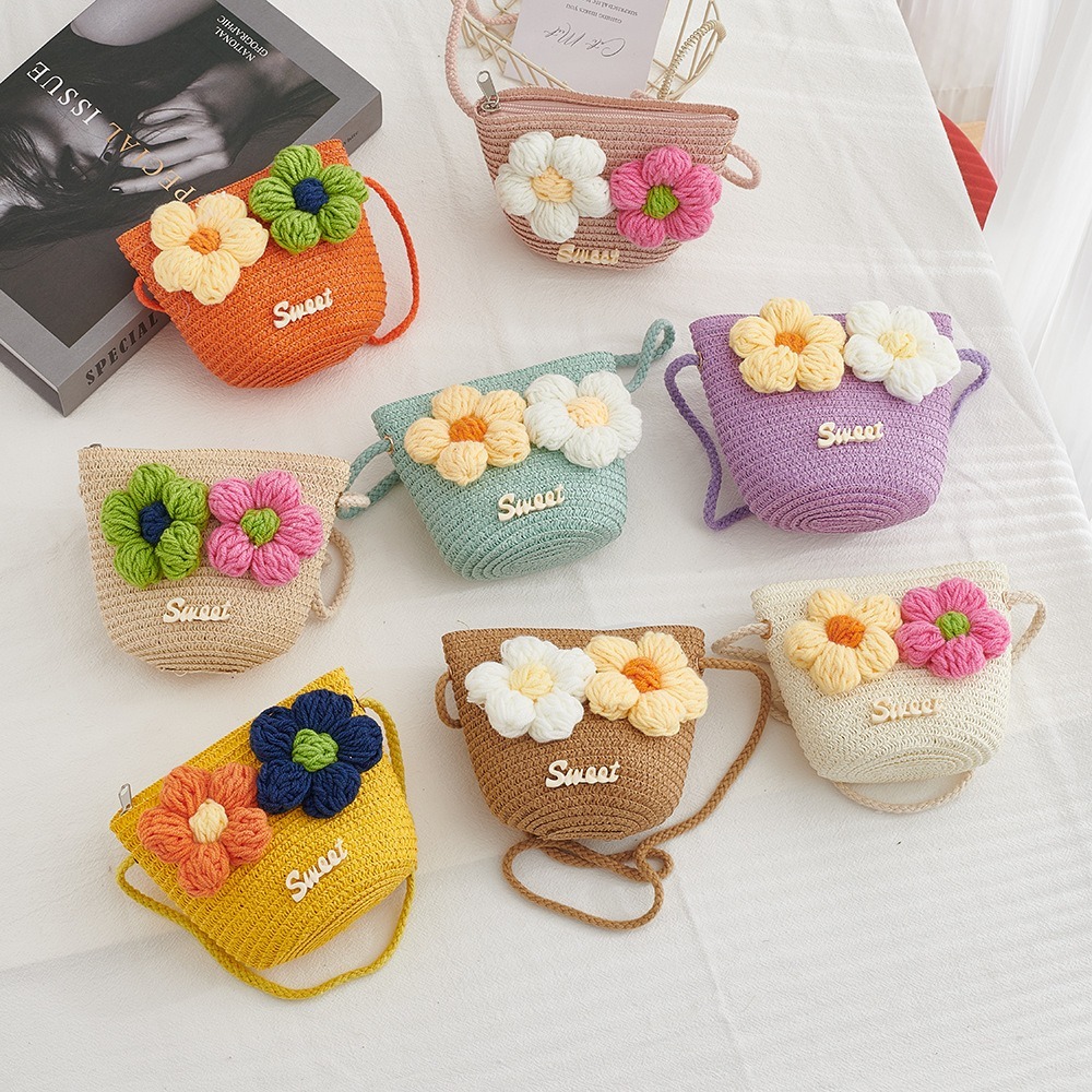 Beach Bag Straw - กระเป๋าถือฟางลายดอกไม้เจ้าหญิงฤดูร้อน กระเป๋าใส่เหรียญสำหรับเด็ก กระเป๋าสะพายข้างเด็ก
