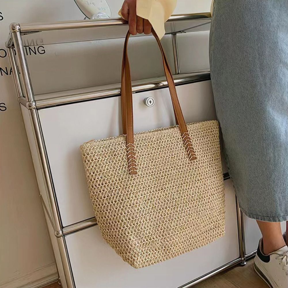 กระเป๋าถือสานสีพื้นแฟชั่น กระเ - Beach Bag Straw บทวิจารณ์และราคา