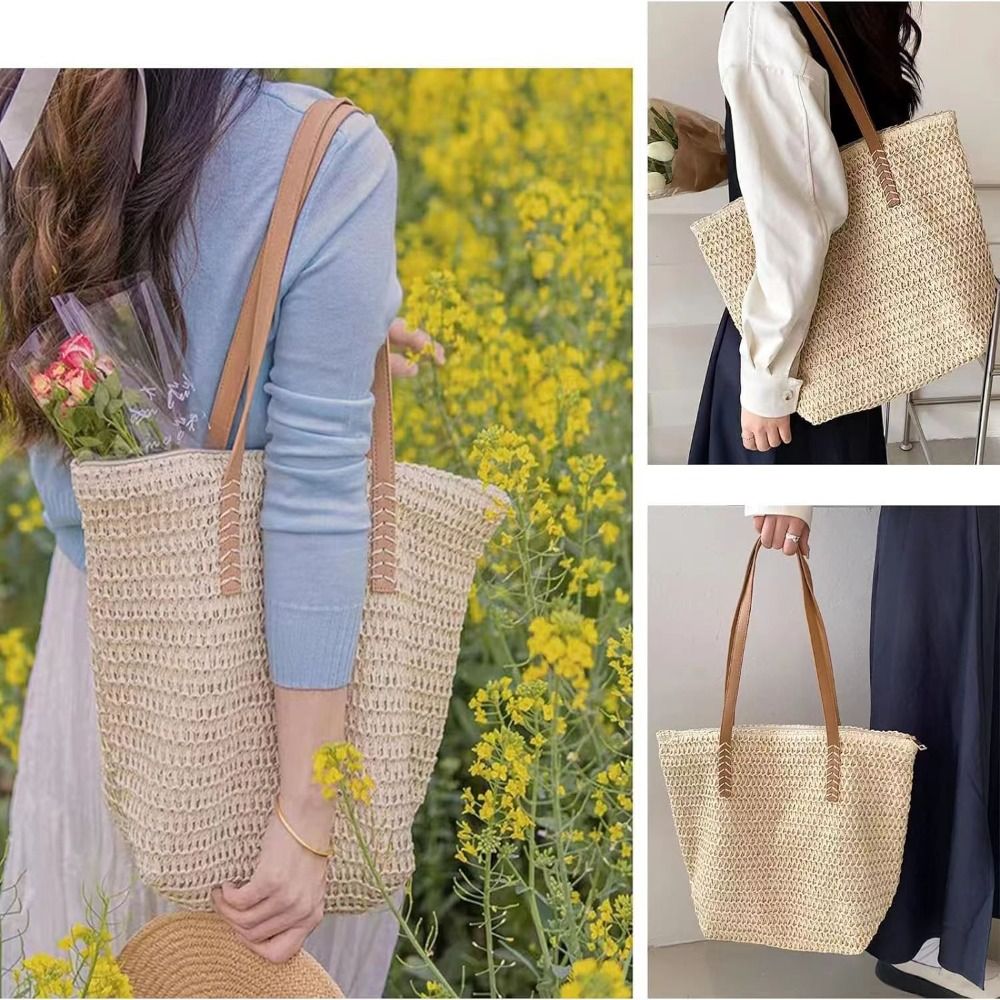กระเป๋าถือสานสีพื้นแฟชั่น กระเ - Beach Bag Straw บทวิจารณ์และราคา