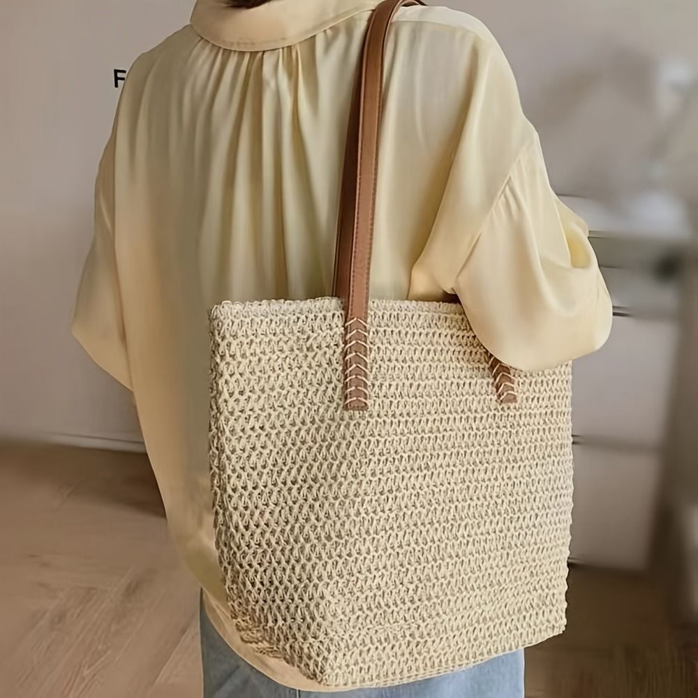กระเป๋าถือสานสีพื้นแฟชั่น กระเ - Beach Bag Straw บทวิจารณ์และราคา