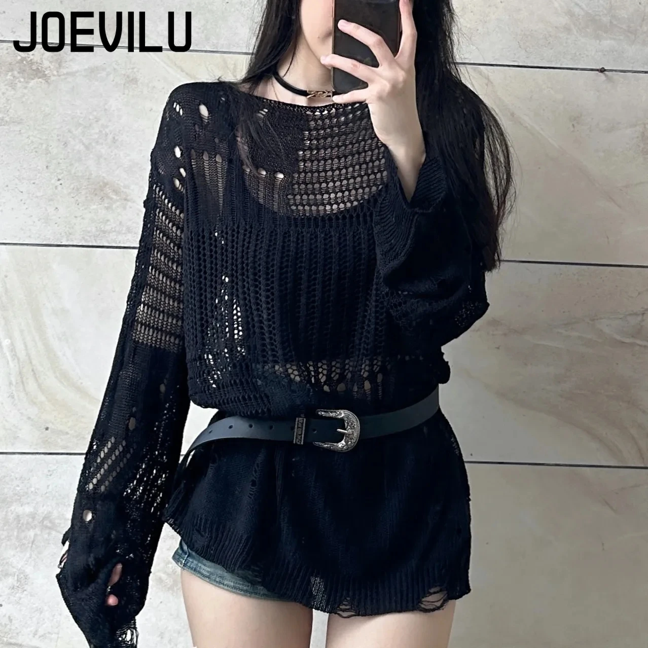JOEVILU Hollow ถักเสื้อฤดูร้อน - Summer Goth Clothing บทวิจารณ์และราคา
