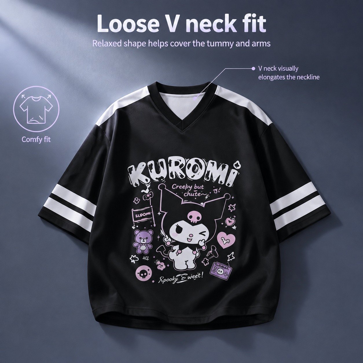 เสื้อยืดคอกว้างลายคุโรมิสีขาวด - Summer Goth Clothing บทวิจารณ์และราคา