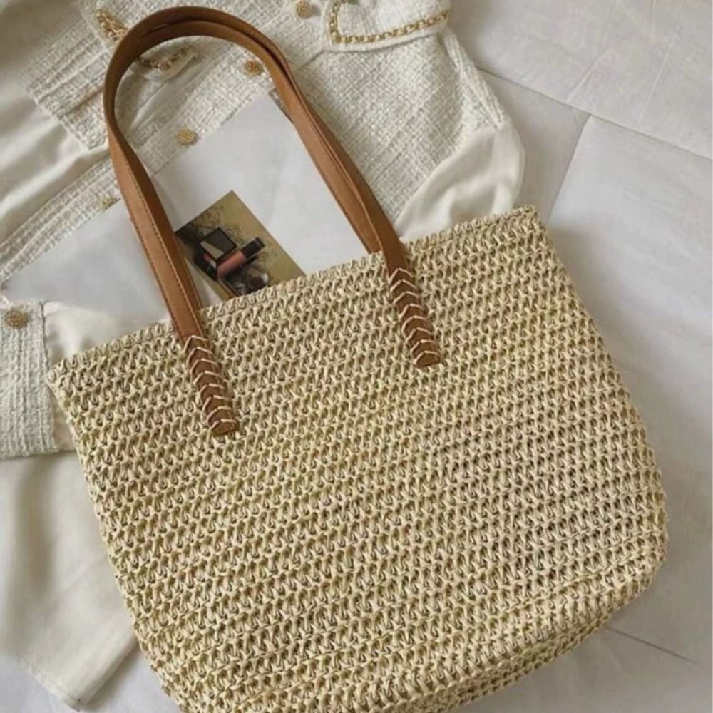 กระเป๋าถือสานสีพื้นน่ารัก ทรงส - Beach Bag Straw บทวิจารณ์และราคา