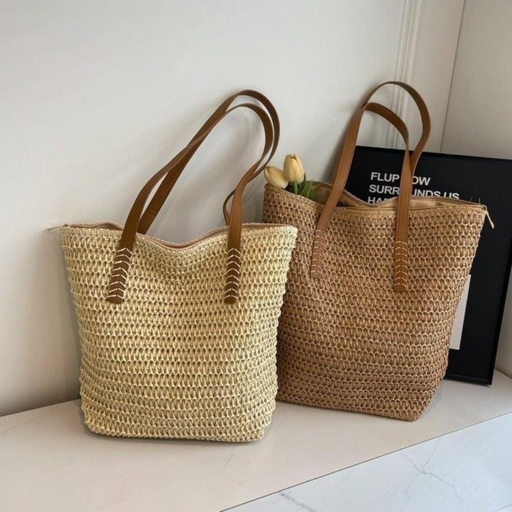 กระเป๋าถือสานสีพื้นน่ารัก ทรงส - Beach Bag Straw บทวิจารณ์และราคา