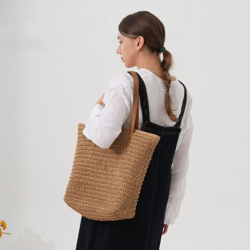 กระเป๋าถือสานสีพื้นน่ารัก ทรงส - Beach Bag Straw บทวิจารณ์และราคา